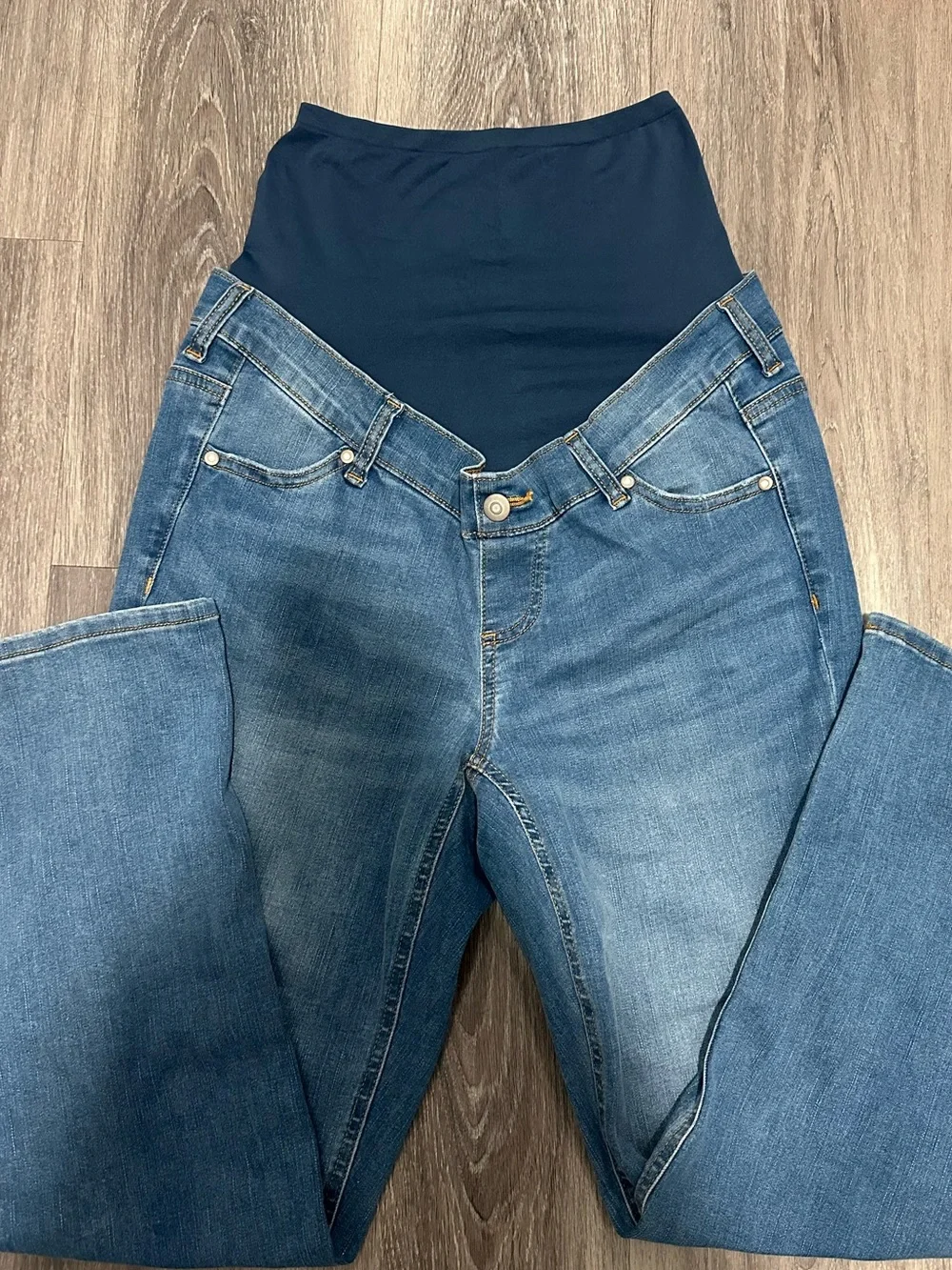 Time and Tru Navy Belly Panel Medium Blue Straight Leg Maternity Jeans